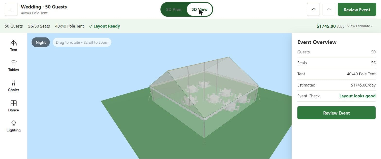 Real 3D preview of a tent, round tables, chairs and a dance floor generated in the Friendly Event Designer