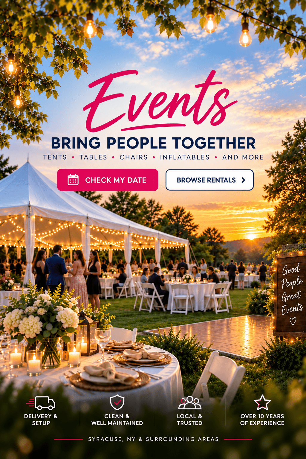Outdoor tent event at sunset with string lights, tables, and chairs set up for a celebration in Syracuse, NY